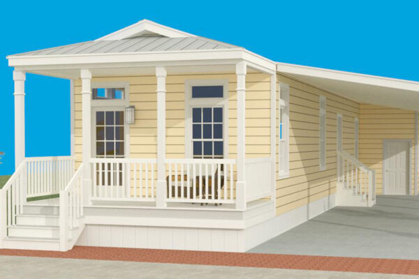 Rendering of a single wide home with cream lap siding, a front porch and carport